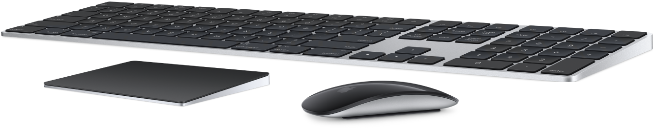 A számbillentyűzettel ellátott Magic Keyboard és a Magic Mouse, amelyek a Mac Pro gép csomagjának részét képezik.