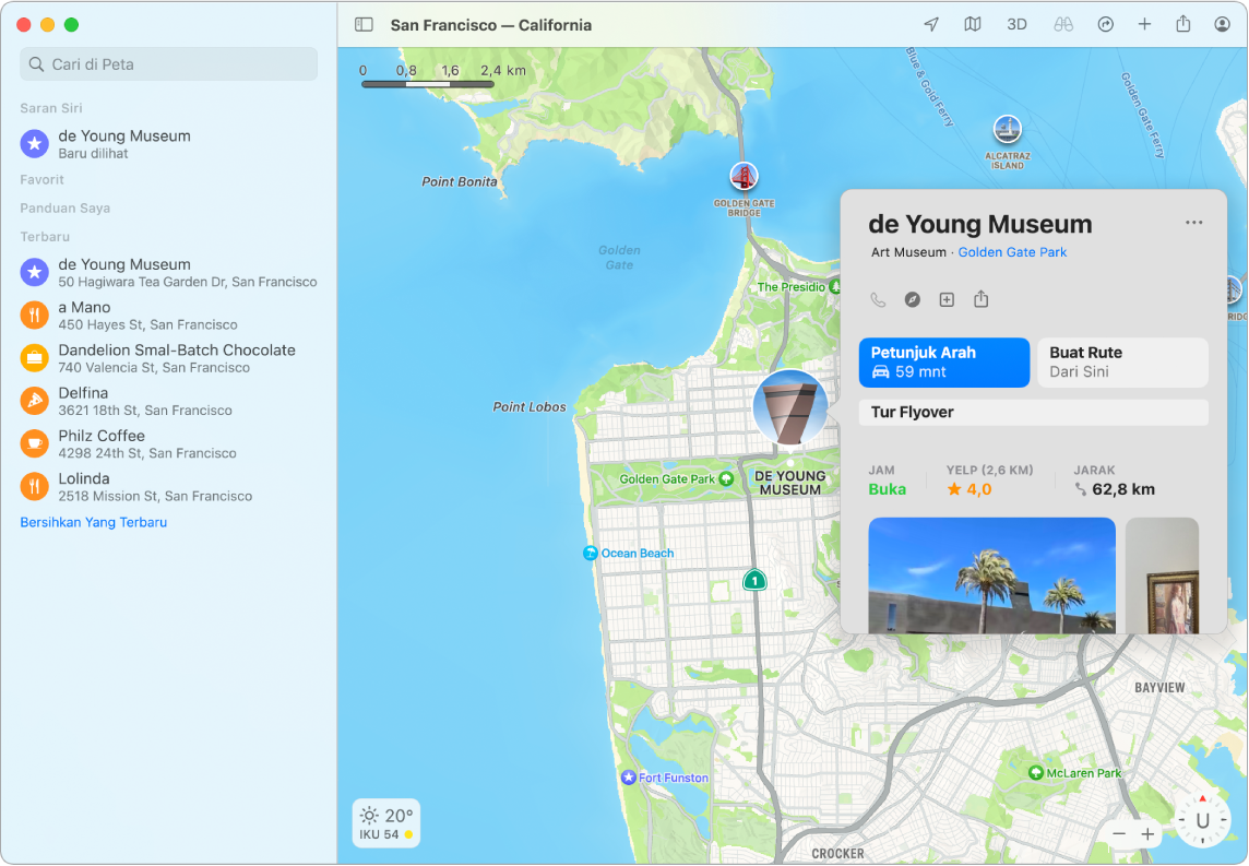 Peta San Francisco menampilkan museum. Jendela informasi menampilkan informasi penting mengenai bisnis.