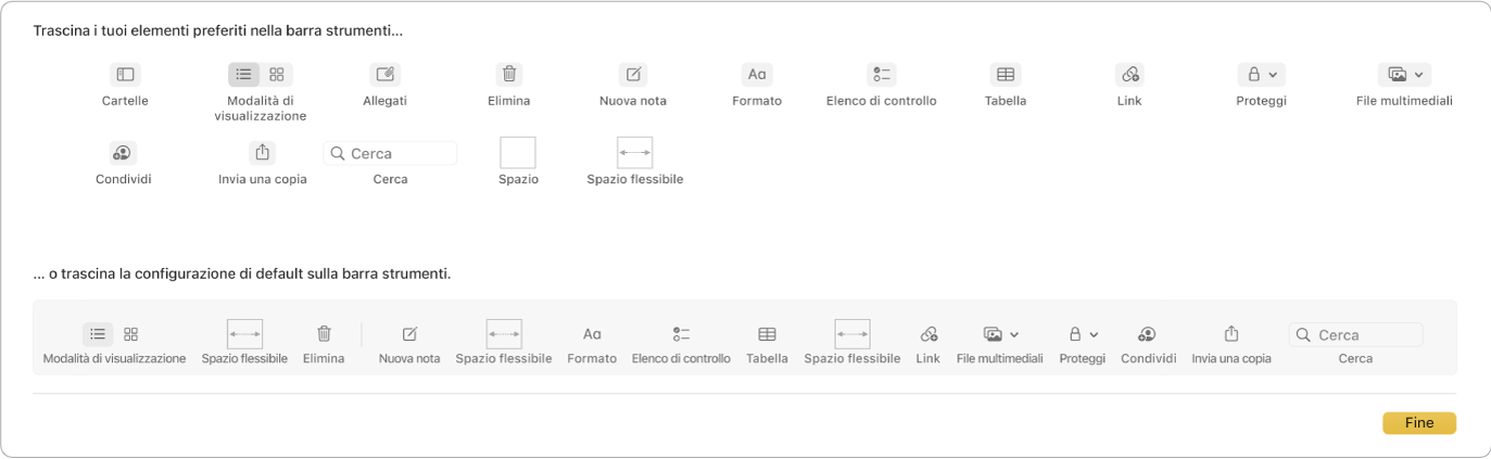 Una finestra di Note che mostra le opzioni della barra degli strumenti personalizzabili che sono disponibili.