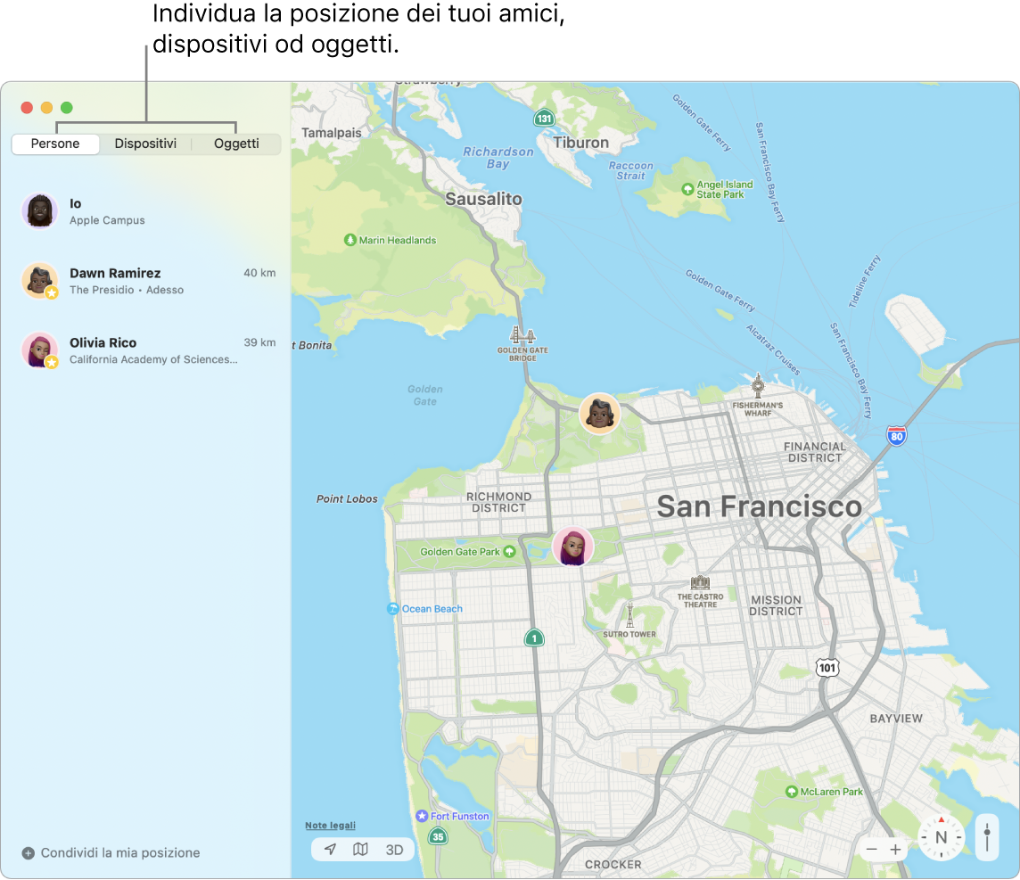 Il pannello Persone selezionato sulla sinistra e una mappa di San Francisco a destra con la posizione di due amici.
