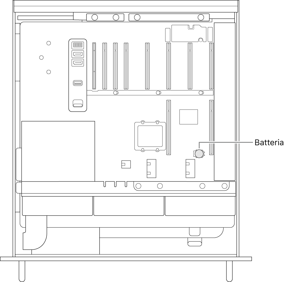 Una vista laterale di Mac Pro aperto che illustra dove è posizionata la batteria a bottone.