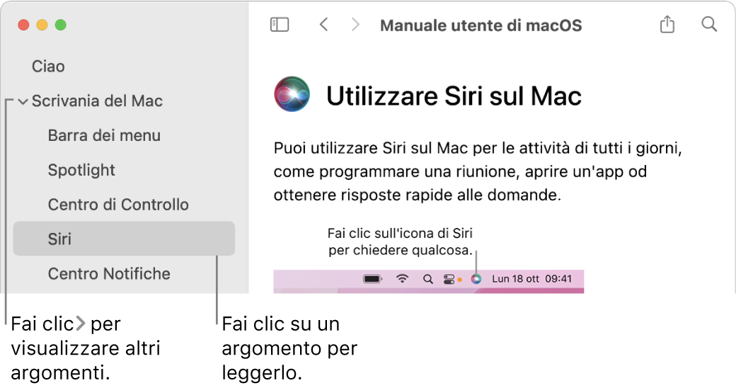 Visore di Aiuto che mostra come visualizzare gli argomenti elencati nella barra laterale e il contenuto di un argomento.