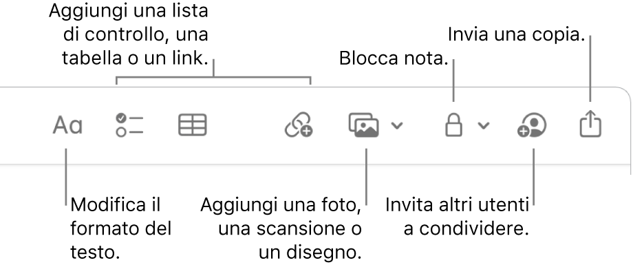 La barra degli strumenti di Note con gli strumenti formato di testo, elenco di controllo, tabella, link, foto/media, blocco, condivisione e invio di una copia.