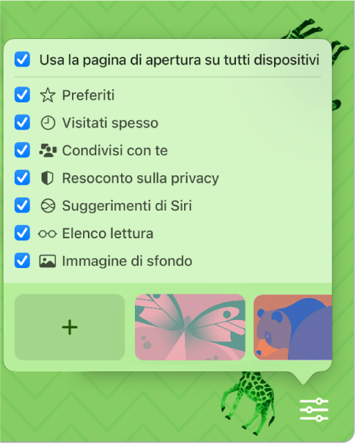 Il menu a comparsa “Personalizza Safari” con riquadri per Preferiti, “Visitati spesso”, “Resoconto sulla privacy”, “Suggerimenti di Siri”, “Elenco di lettura” e “Immagine di sfondo”.