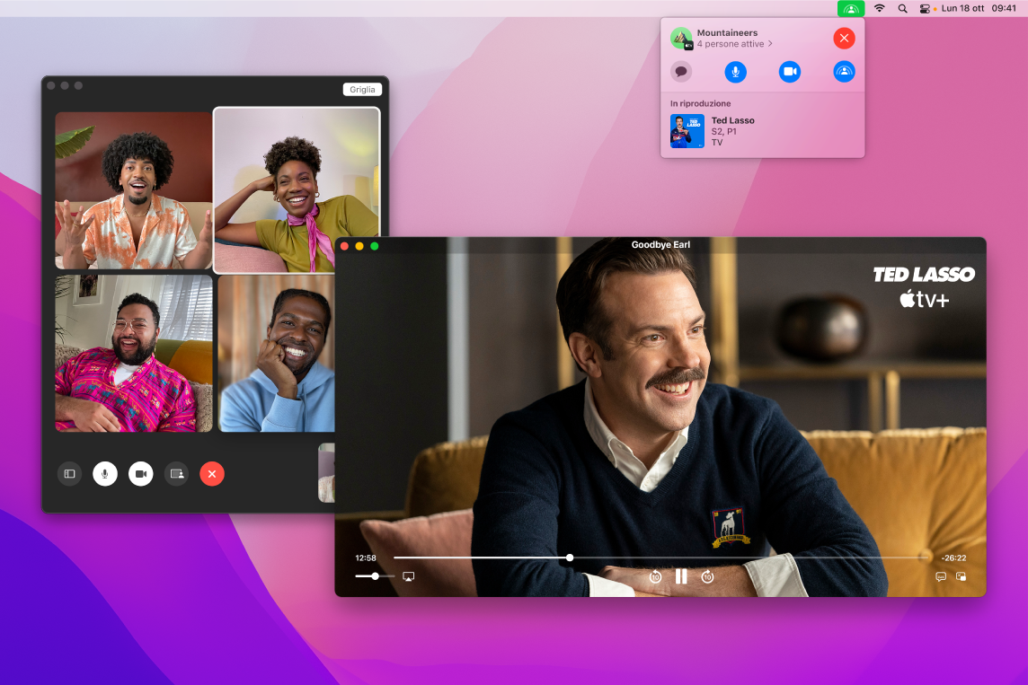 Una sessione di visione condivisa con una puntata di Ted Lasso nella finestra dell'app Apple TV e gli spettatori nella finestra di FaceTime.