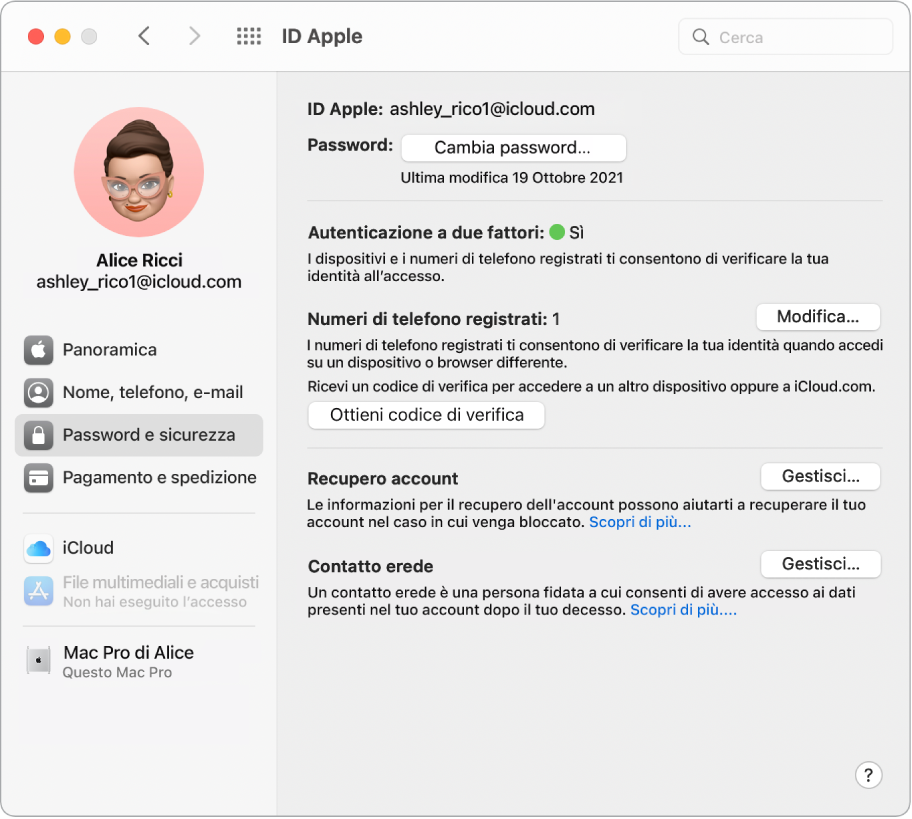 La sezione “Password e sicurezza” di ID Apple in Preferenze di Sistema. Fai clic su Gestisci per configurare “Recupero account”.