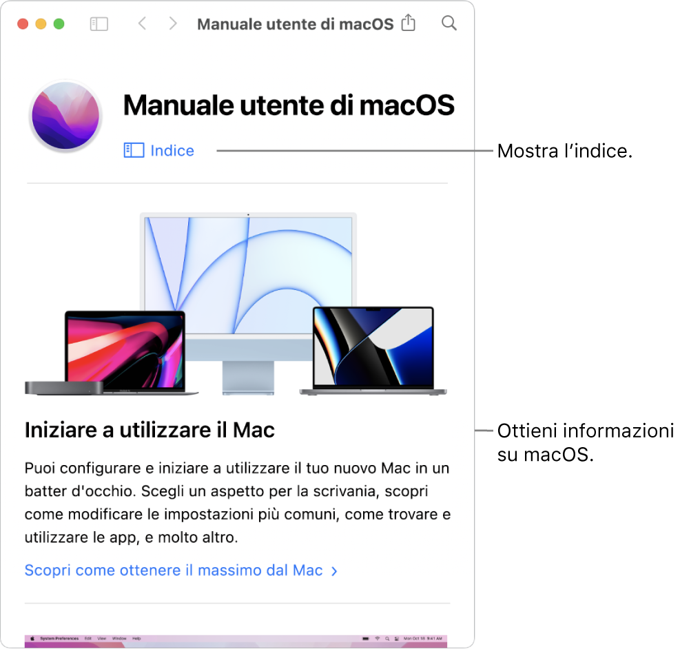 Pagina di benvenuto del Manuale utente di macOS che mostra il link dell’indice.