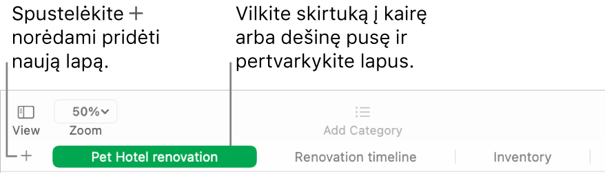 „Numbers“ langas, rodantis, kaip įtraukti naują lapą ir kaip pertvarkyti lapus.