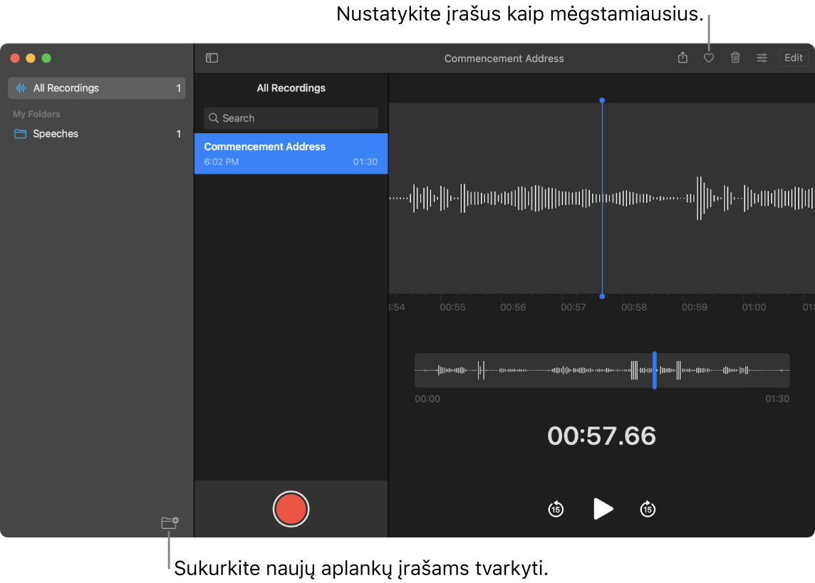 „Voice Memos“ langas, rodantis, kaip kurti naujus aplankus arba įtraukti įrašą į mėgstamiausiųjų sąrašą.