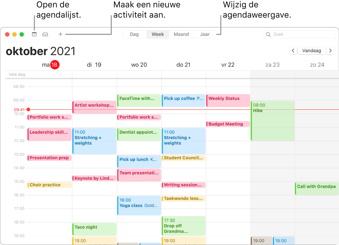 Een Agenda-venster waarin wordt aangegeven hoe je een activiteit aanmaakt, de agendalijst weergeeft en de dag-, week-, maand- of jaarweergave kiest.