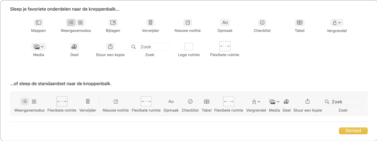 Een Notities-venster met opties waarmee je de knoppenbalk kunt aanpassen.