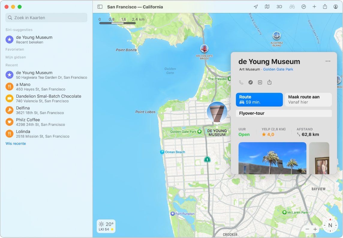 Een kaart van San Francisco met een museum. In een informatievenster staat belangrijke informatie over de plek.