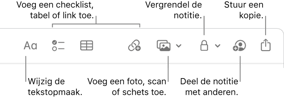 De knoppenbalk in Notities met de knoppen voor tekstopmaak, checklists, tabellen, links, foto's/media, vergrendelen, delen en versturen van een kopie.