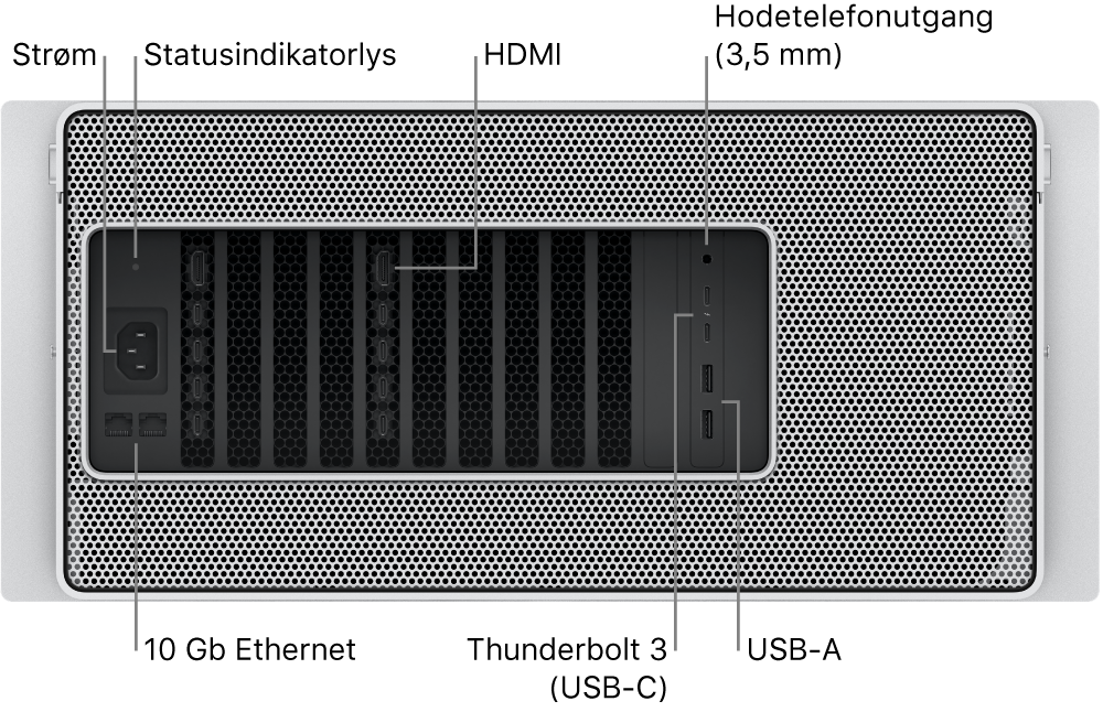 Baksiden av Mac Pro som viser strømporten, et statusindikatorlys, to HDMI-porter, 3,5 mm hodetelefoninngang, to 10 Gigabit Ethernet-porter, to Thunderbolt 3-porter (USB-C) og to USB-A-porter.