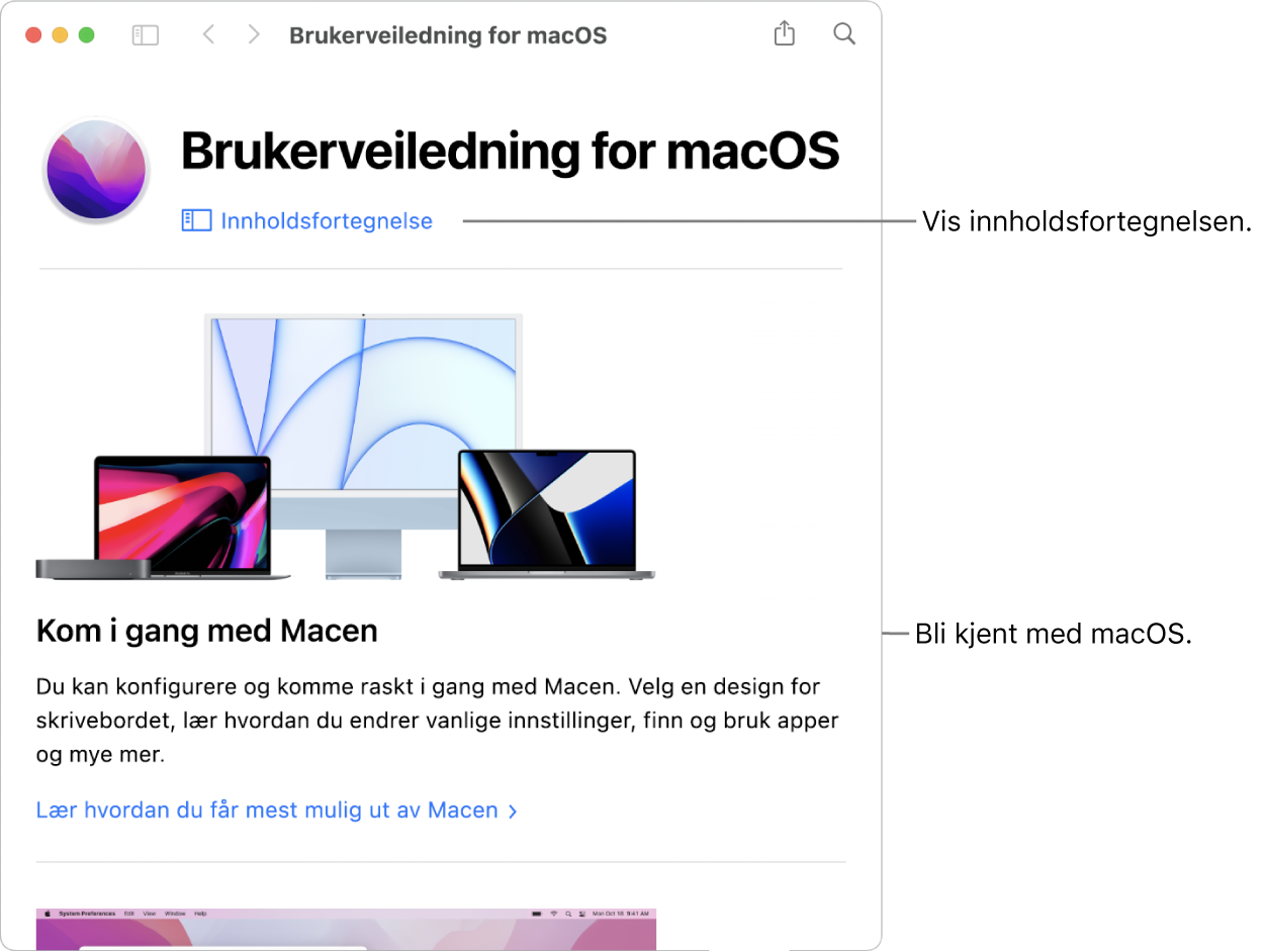 Velkomstsiden i Brukerveiledning for macOS som viser Innholdsfortegnelse-lenken.