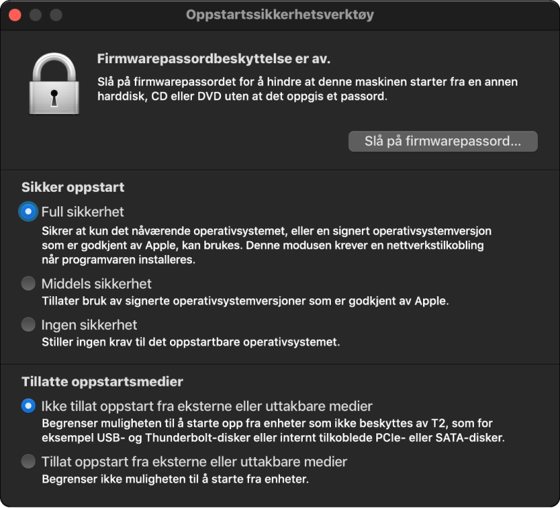 Oppstartssikkerhetsverktøy-vinduet er åpent med et valg krysset av for sikker oppstart, og et valg krysset av for ekstern oppstart.