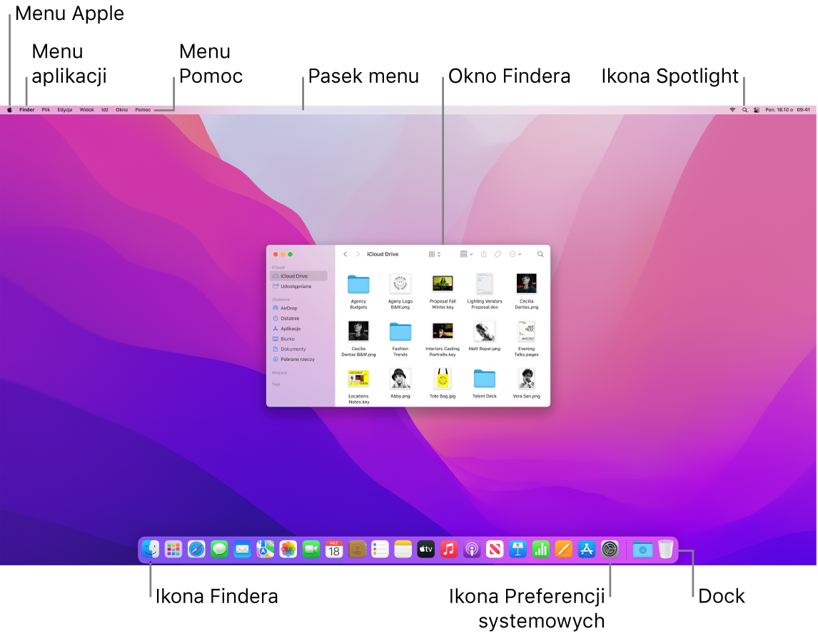 Ekran Maca zawierający menu Apple, menu aplikacji, menu Pomoc, pasek menu, okno Findera, ikonę Spotlight, ikonę Findera, ikonę Preferencji systemowych oraz Dock.