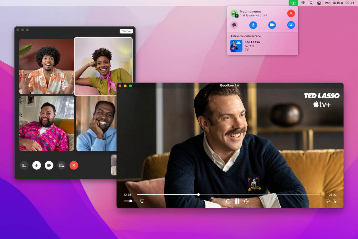 Wspólne oglądanie odcinka serialu Ted Lasso w oknie aplikacji Apple TV. W oknie aplikacji FaceTime widoczni są widzowie.