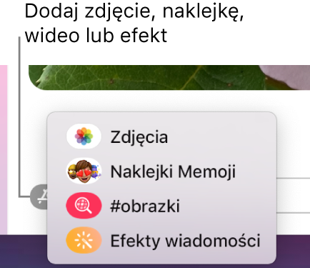 Menu aplikacji z opcjami wyświetlania zdjęć, naklejek Memoji, animacji GIF oraz efektów wiadomości.