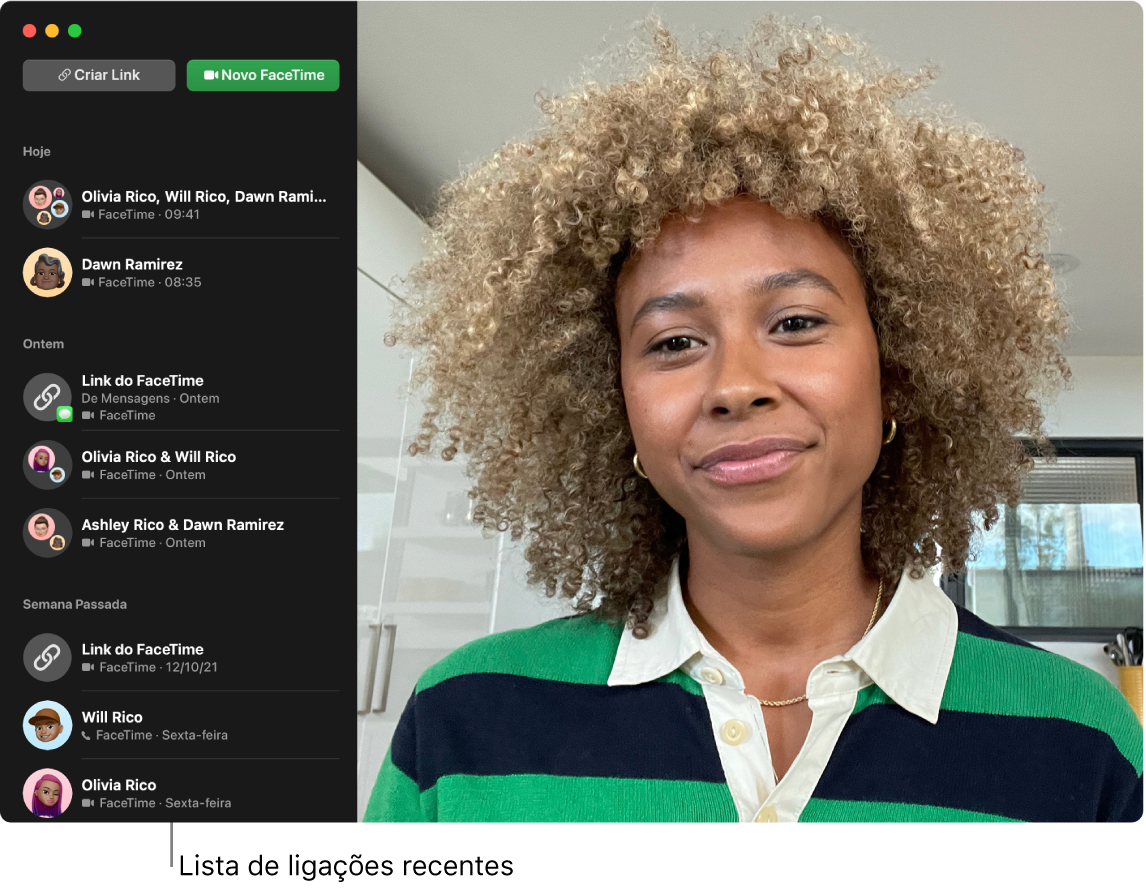 Janela do FaceTime mostrando o vídeo do destinatário à direita e uma lista de ligações recentes à esquerda. No canto superior esquerdo da janela está o botão Criar Link e o botão Novo FaceTime de vídeo.