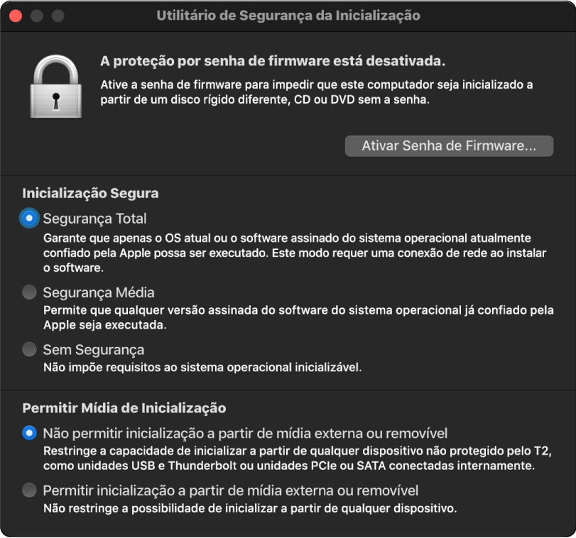 Janela do Utilitário de Segurança da Inicialização aberta com uma opção marcada para inicialização segura e uma opção marcada para inicialização externa.