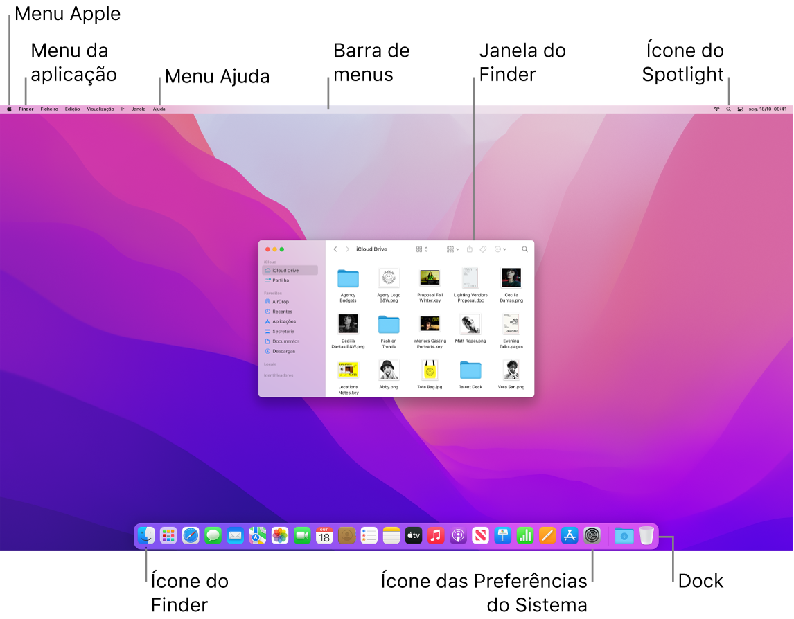 Ecrã do Mac que mostra o menu Apple, o menu da aplicação, o menu Ajuda, a barra de menus, uma janela do Finder, o ícone do Spotlight, o ícone do Finder, o ícone das Preferências do Sistema e a Dock.