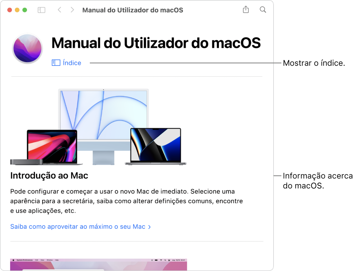 A página de introdução ao Manual do Utilizador do macOS a mostrar a hiperligação “Índice”.