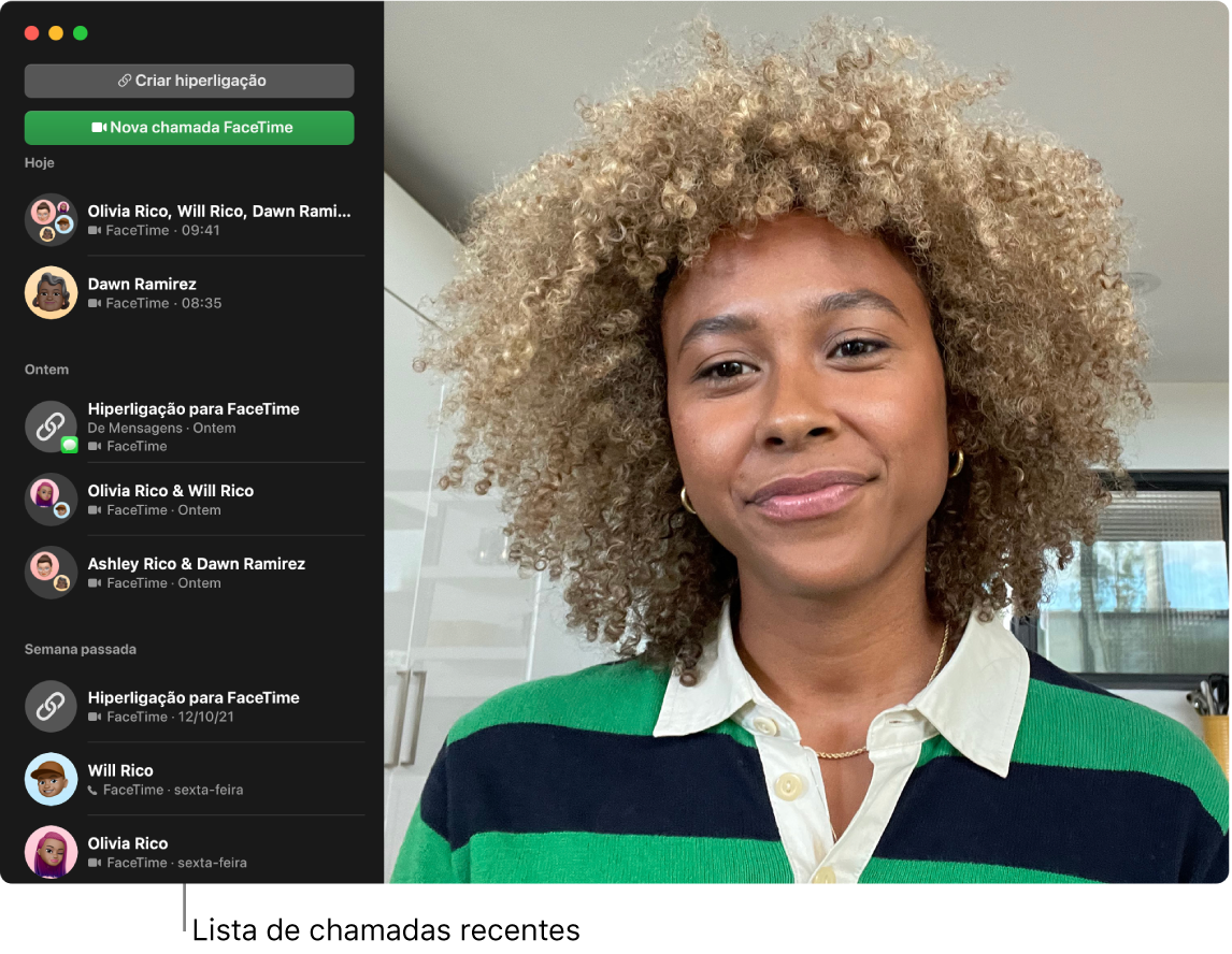Uma janela do FaceTime a mostrar vídeo do destinatário à direita e uma lista de chamadas recentes à esquerda. No canto superior esquerdo da janela estão os botões “Criar hiperligação” e “Novo FaceTime vídeo”.