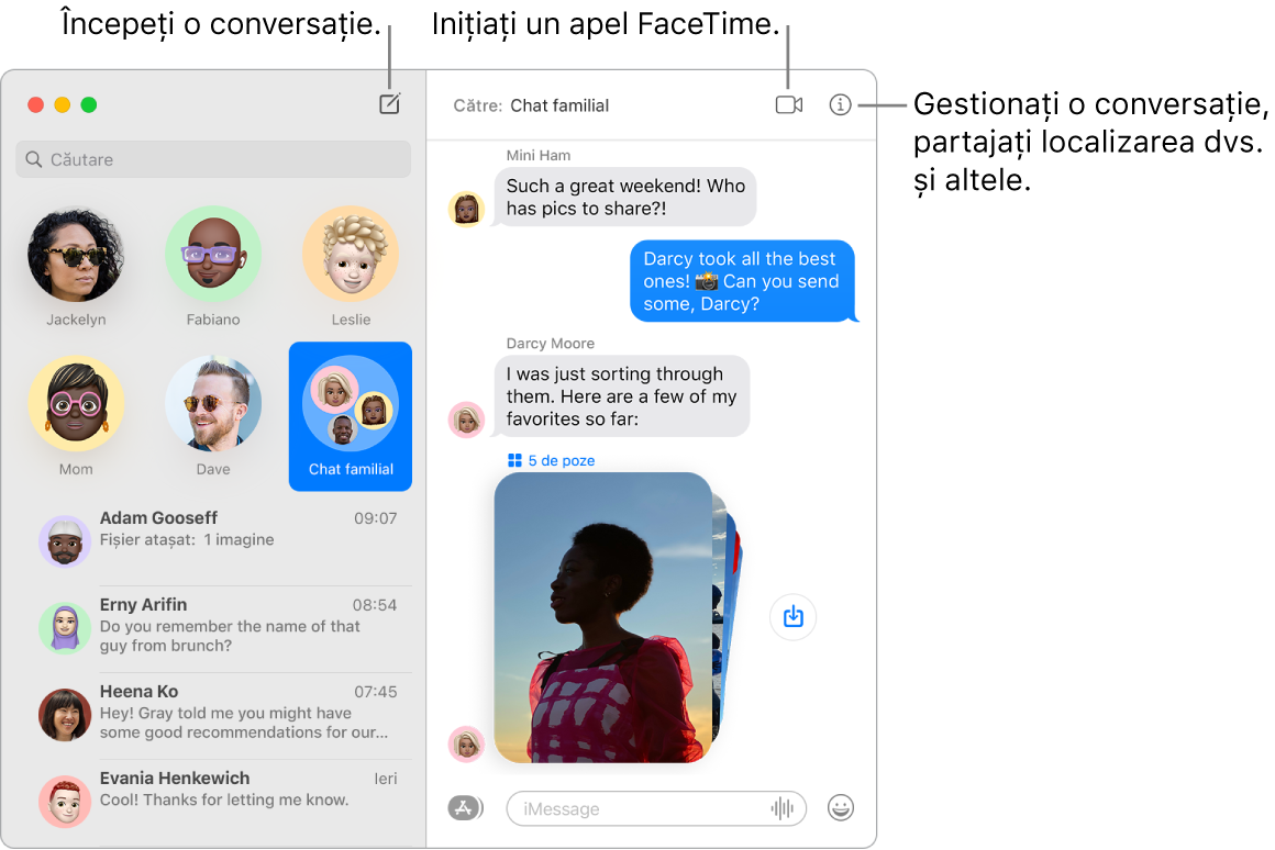 O fereastră de mesaje afișând cum să începeți o conversație și cum să începeți un apel FaceTime.