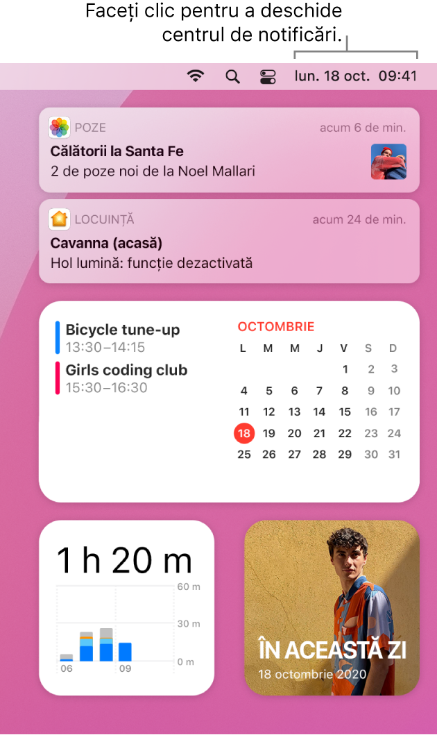 Centrul de notificări cu notificări și widgeturi pentru Poze, Locuință, Calendar și Timp de utilizare.