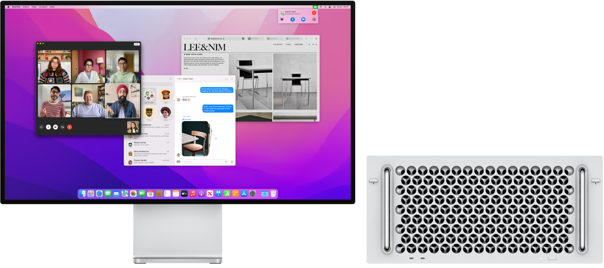 Un Mac Pro conectat la un Pro Display XDR, cu desktopul afișând centrul de control și mai multe aplicații deschise.