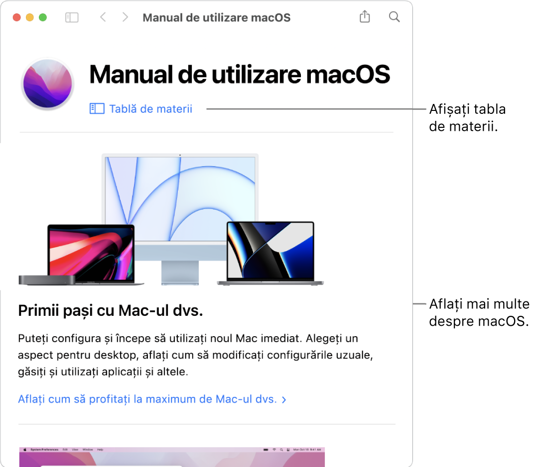 Pagina de bun venit a Manualului de utilizare macOS afișând linkul Tablă de materii.