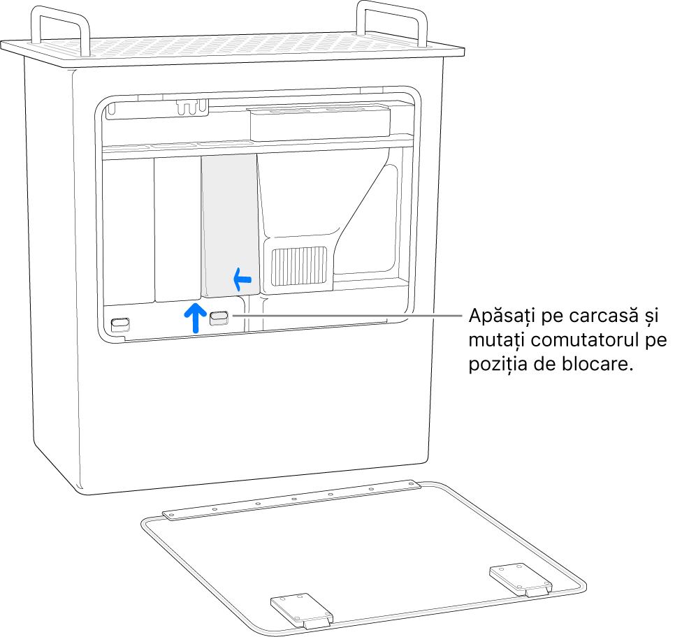 Mac Pro stând pe partea din spate, arătând cum se aduce comutatorul DIMM în poziția de blocare.
