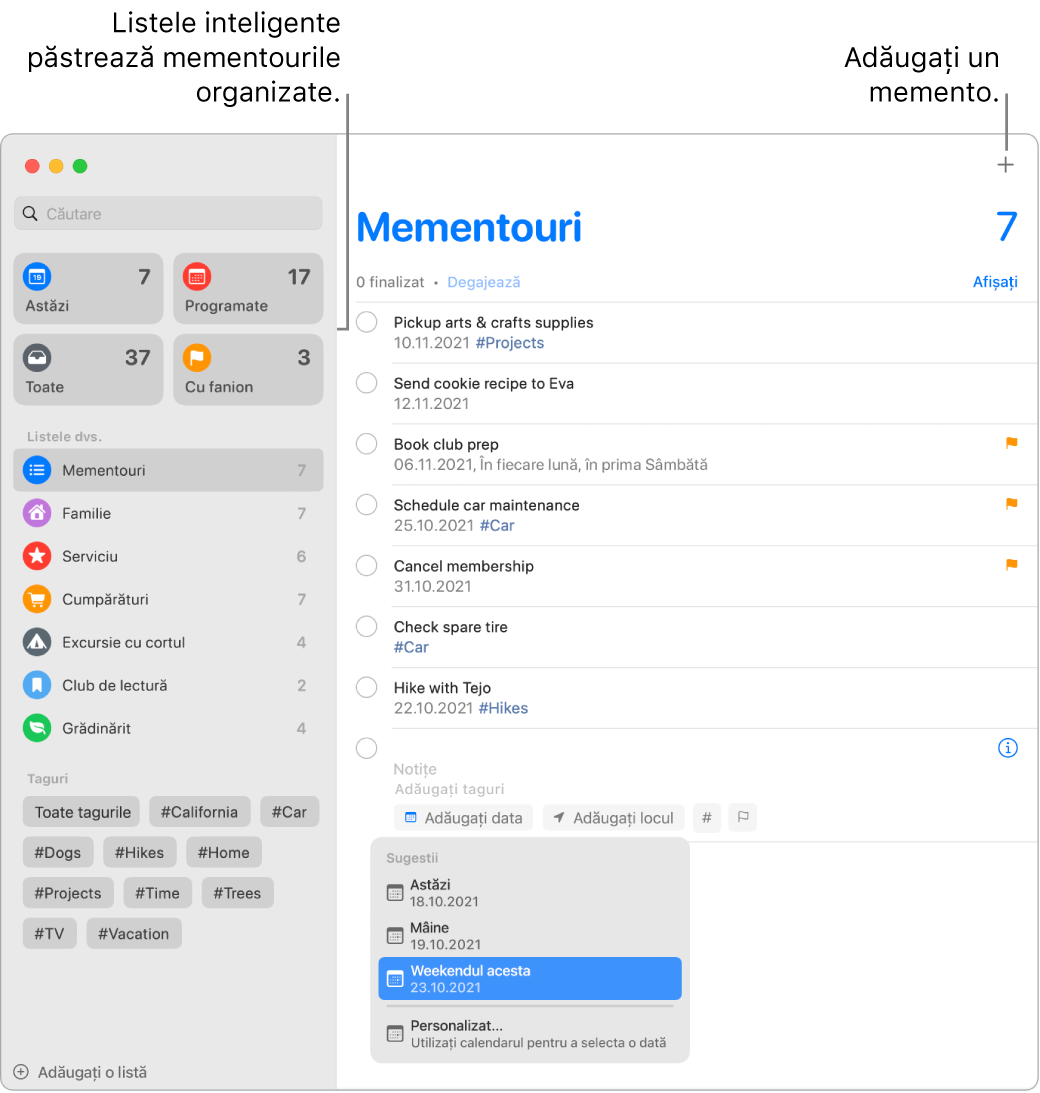 O fereastră Mementouri cu liste inteligente în stânga și alte mementouri și liste mai jos. Este deschisă o fereastră mică în meniul Sugestii, cu sugestii pentru Azi, Mâine, Weekendul acesta și Personalizat.