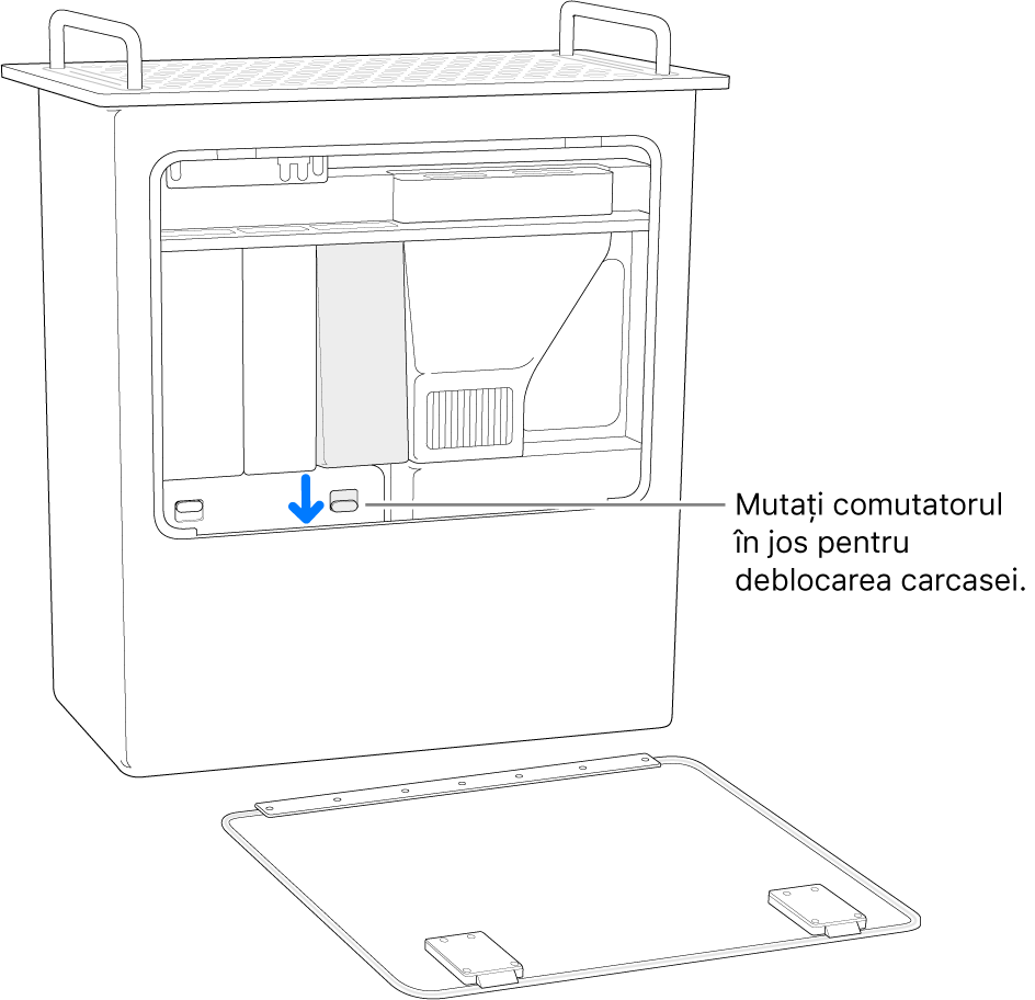 Mac Pro stând pe partea din spate, evidențiind comutatorul care deblochează carcasa DIMM.