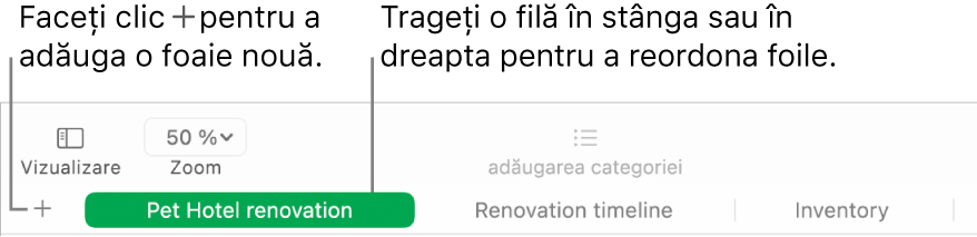 O fereastră Numbers afișând modul în care să adăugați o foaie nouă și cum să reordonați foile.