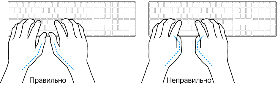 Руки над клавиатурой. Показано правильное и неправильное положение большого пальца.