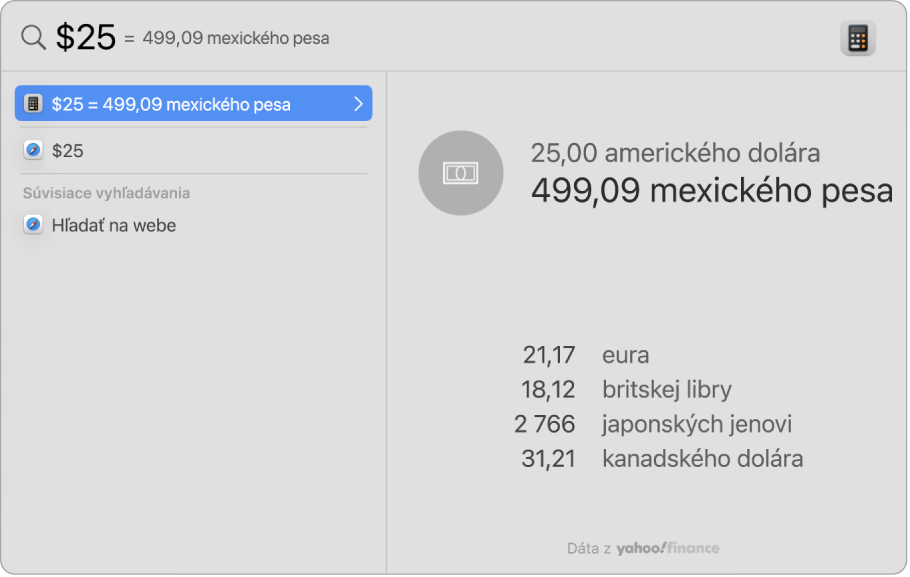 Snímka obrazovky zobrazujúca prevod medzi dolármi a pesos s hlavnou položkou, na ktorej je zobrazený prevod, a výberom niekoľkých ďalších výsledkov.