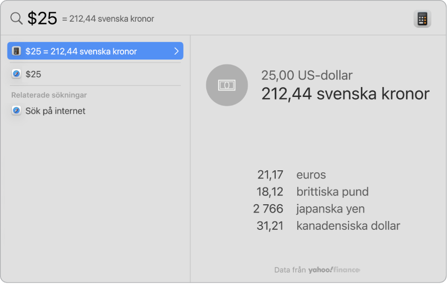 En skärmavbild som visar dollar konverterade till pesos med en bästa sökträff som visar konverteringen och flera andra träffar att välja bland.