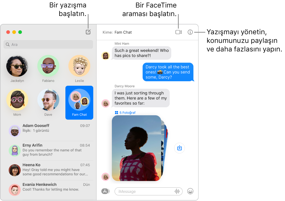 Bir yazışmanın ve FaceTime aramasının nasıl başlatılacağını gösteren bir Mesajlar penceresi.