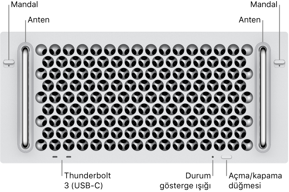 Mac Pro’nun önden görünümü; iki Thunderbolt 3 (USB-C) kapısı, sistem göstergesi ışığı, güç, düğme ve anten gösteriliyor.