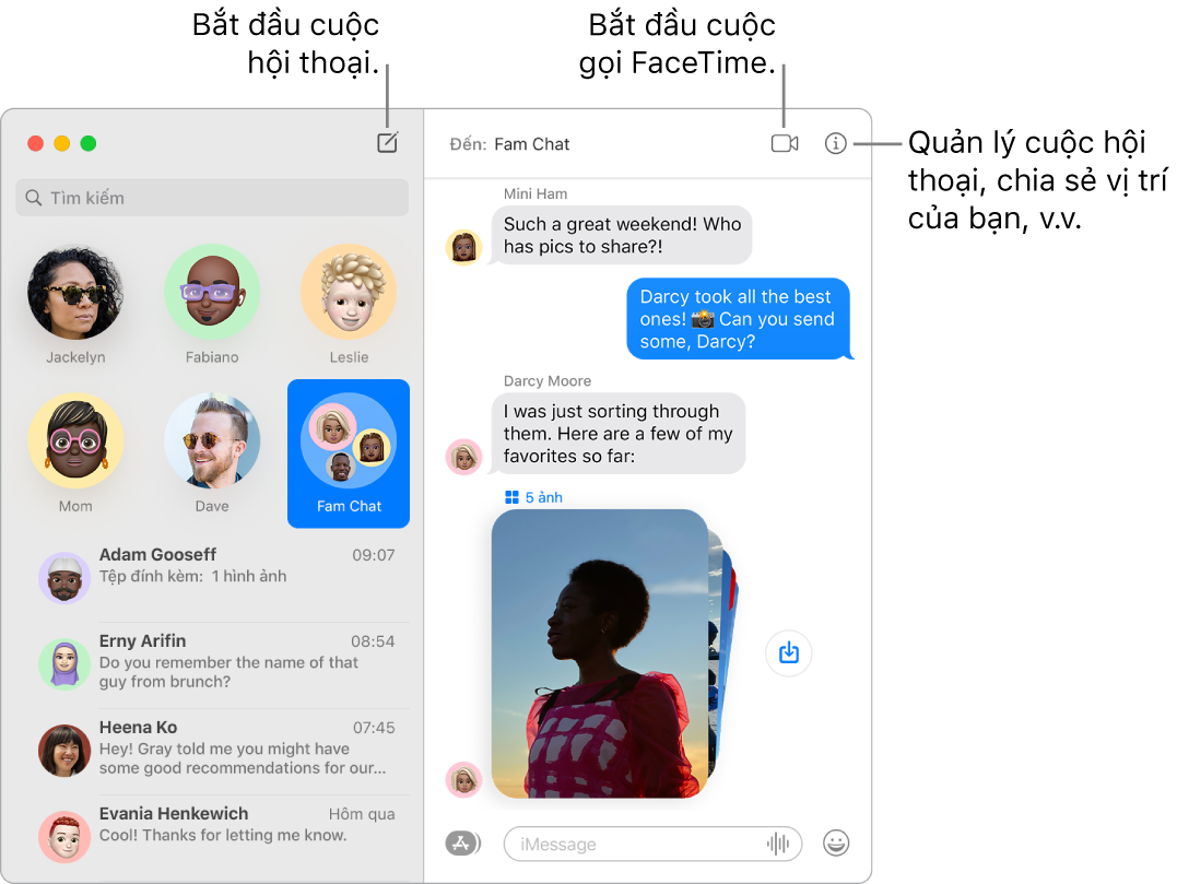 Một cửa sổ Tin nhắn đang minh họa cách bắt đầu một cuộc hội thoại và cách bắt đầu cuộc gọi FaceTime.