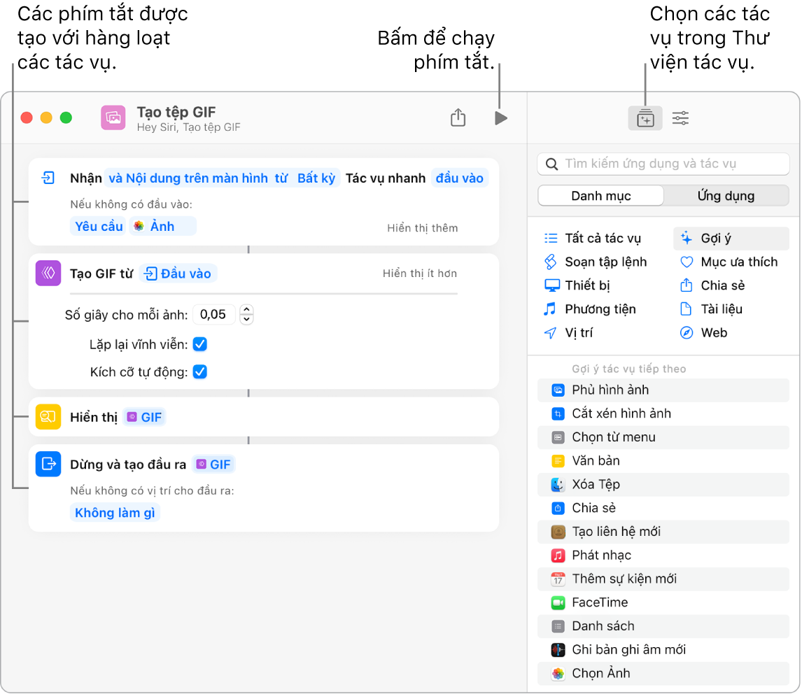 Trình sửa phím tắt Tạo GIF ở bên trái và thư viện tác vụ ở bên phải.