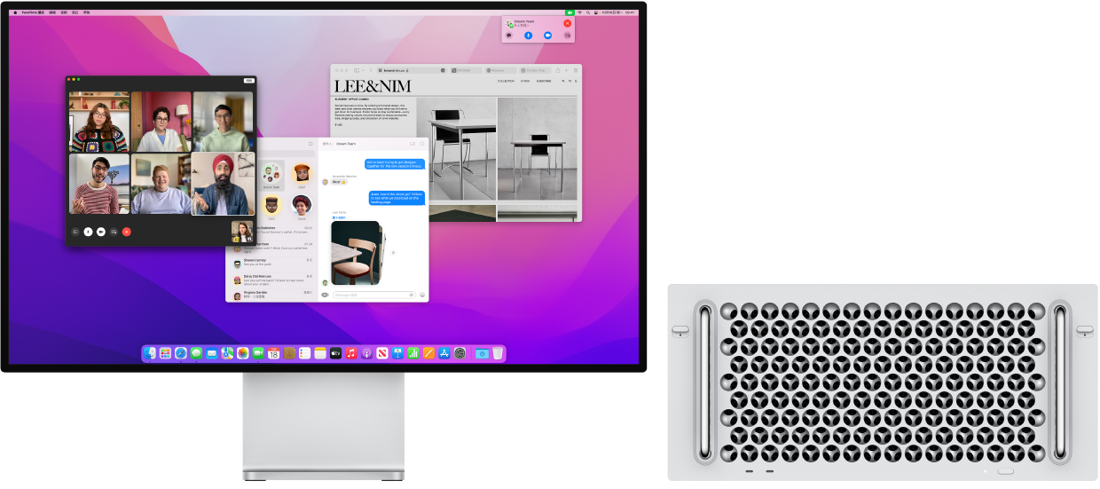 连接到 Pro Display XDR 的 Mac Pro，其中桌面显示了“控制中心”和多个打开的 App。