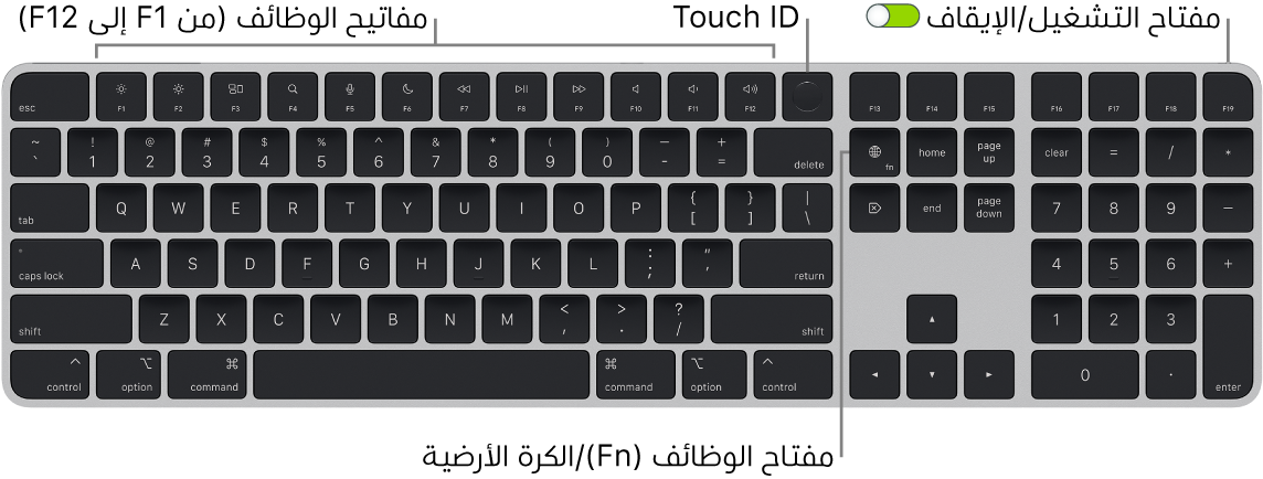 لوحة مفاتيح Magic Keyboard المزودة بـ Touch ID ولوحة مفاتيح رقمية يظهر فيها صف مفاتيح الوظائف و Touch ID على امتداد الجزء العلوي، ومفتاح الوظائف (Fn)/الكرة الأرضية على يمين مفتاح الحذف.