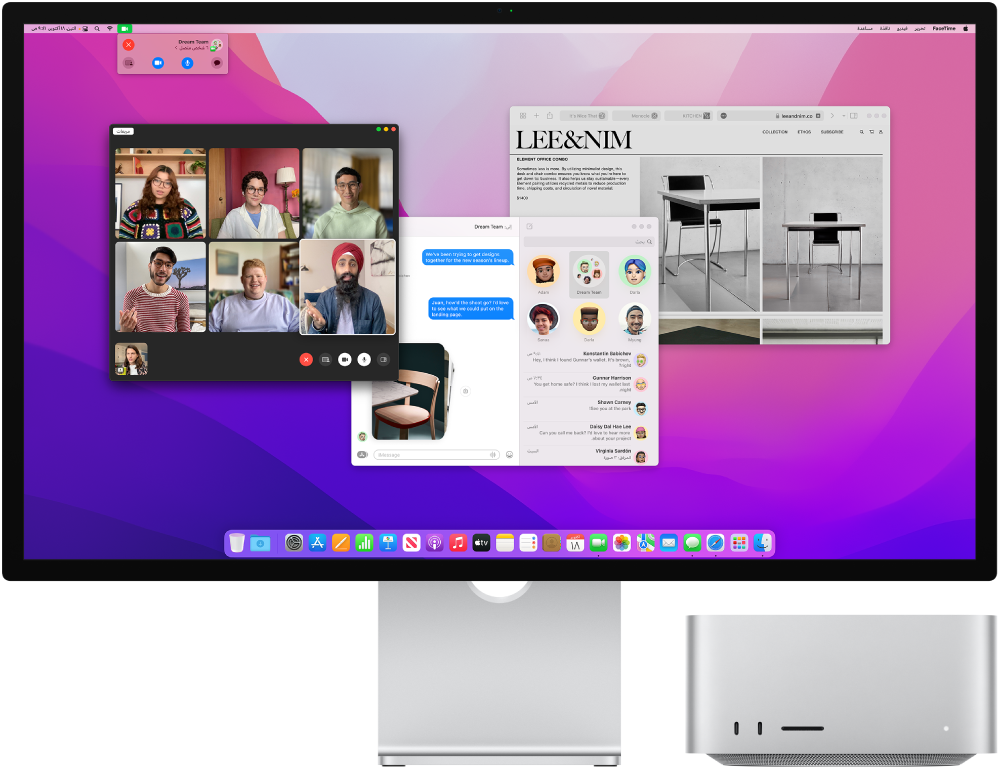 جهاز Mac Studio متصل بشاشة عرض، ويعرض سطح المكتب مركز التحكم والعديد من التطبيقات المفتوحة.