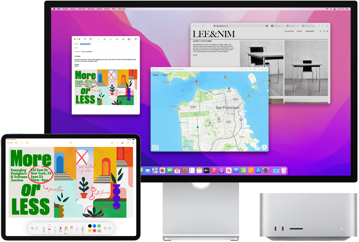 Mac Studio a iPad vedle sebe. Na obrazovce iPadu je vidět leták s anotacemi. Na monitoru Macu Studio se zobrazuje zpráva v Mailu, obsahující jako přílohu anotovaný leták z iPadu.