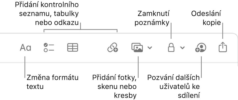 Panel nástrojů aplikace Poznámky s nástroji pro formátování textu, seznamy úkolů, tabulky, odkazy, fotky/média, zamykání, sdílení a kopírování