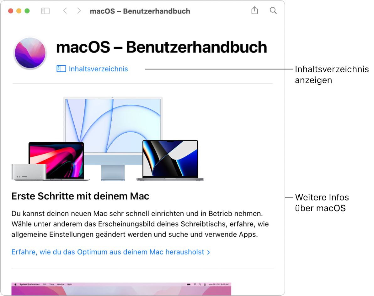 Die Startseite des macOS – Benutzerhandbuchs mit dem Link zum Inhaltsverzeichnis