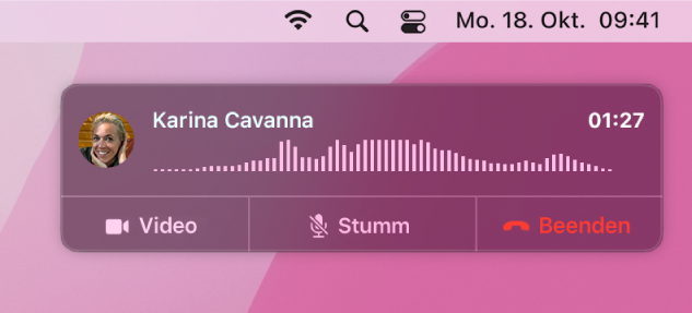 Eine Teilansicht des Mac-Bildschirms, auf dem das Fenster mit der Anrufmitteilung angezeigt wird.
